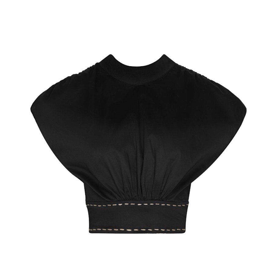 Bea Blouse in Black with embroidered gold stitching around waist, mock neck, and short sleeves