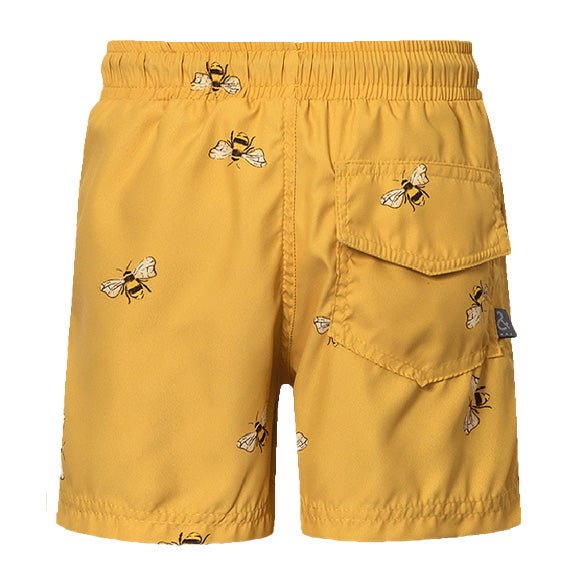 Back of the yellow bee swim trunks for boys over a white background.