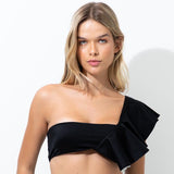 Black Bandeau Bikini Top with Ruffle Detail - EVAMAIA