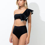 Black Bandeau Bikini Top with Ruffle Detail - EVAMAIA