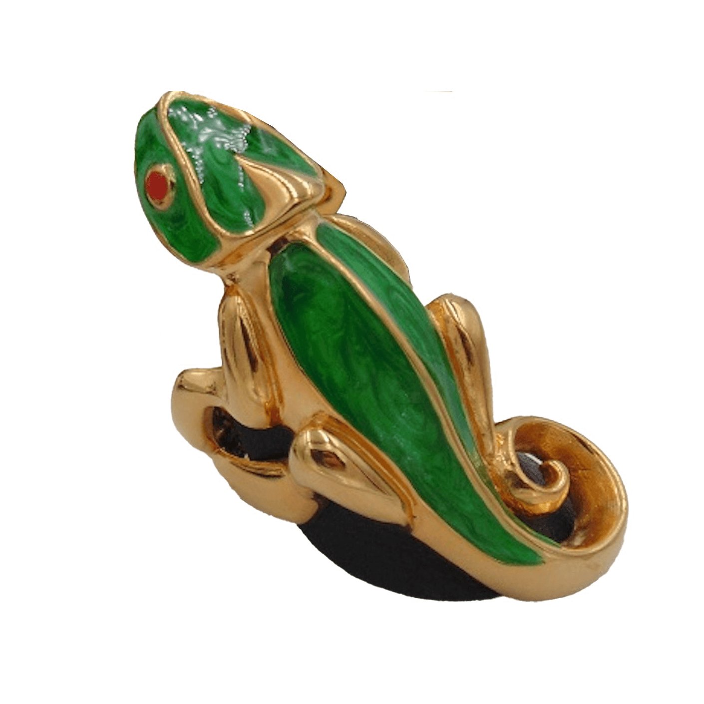 24k Gold Plated Bronze ring in the shape of a Chameleon. The ring has red eyes with green enamel details. The ring is displayed on black stand on white background