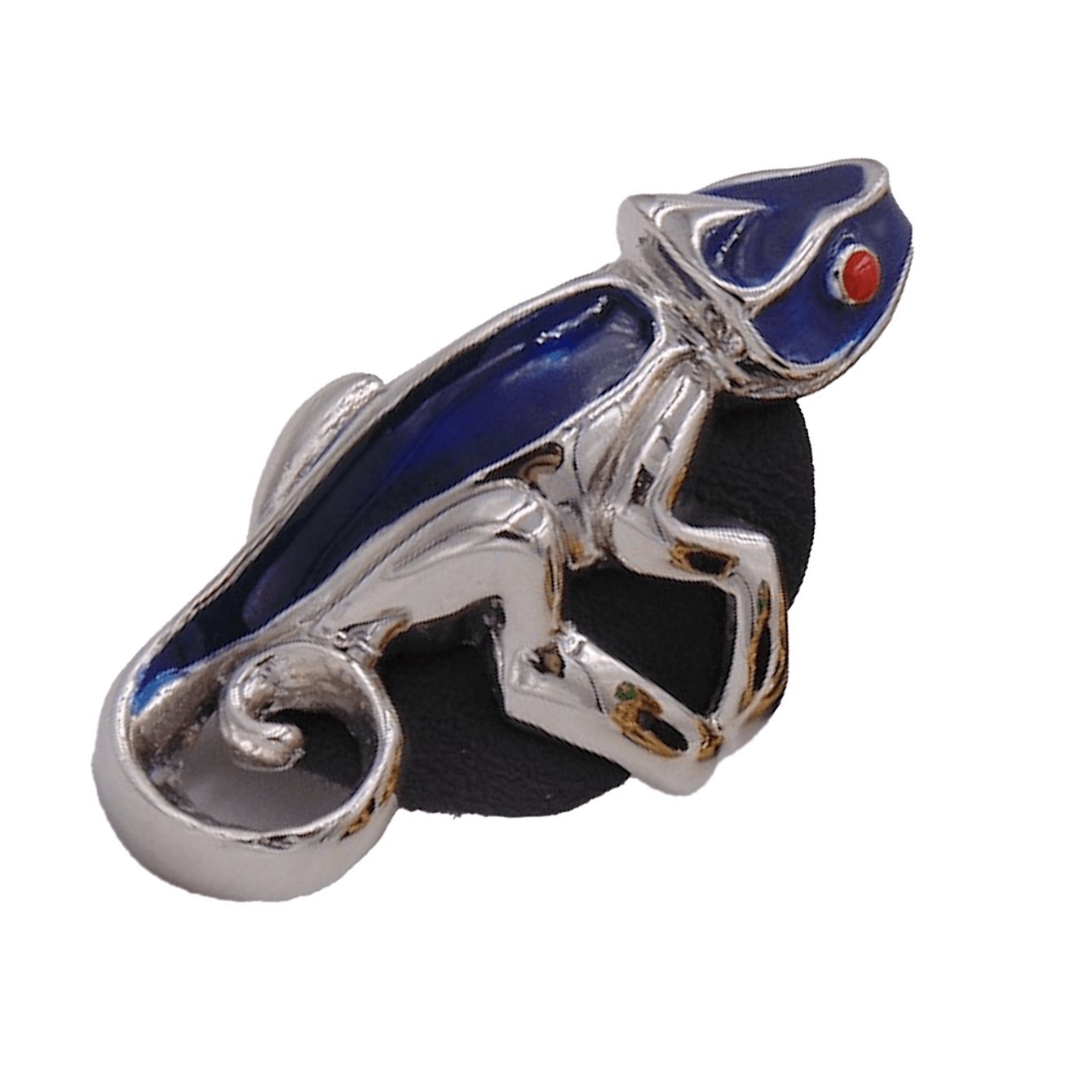 24k Gold Plated Bronze ring in the shape of a Chameleon. The ring has red eyes with navy blue enamel details. The ring is displayed on black stand on white background
