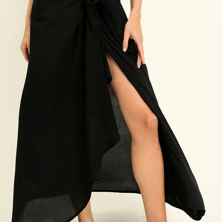 Classic Wrap Skirt with Hidden Button and Side Tie Strap - EVAMAIA