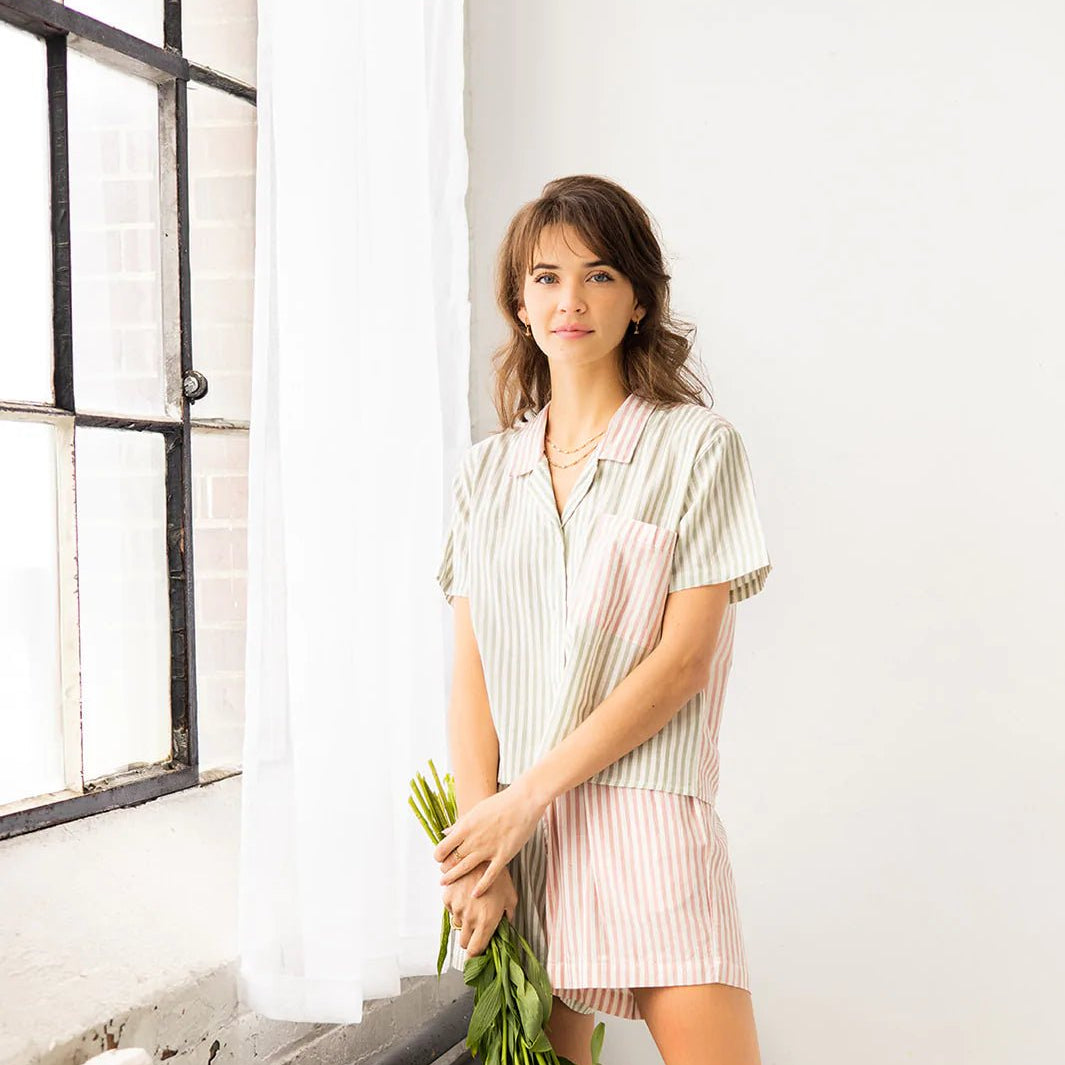 Cropped Button Down-High Waisted Color Block Shorties in Lino - EVAMAIA
