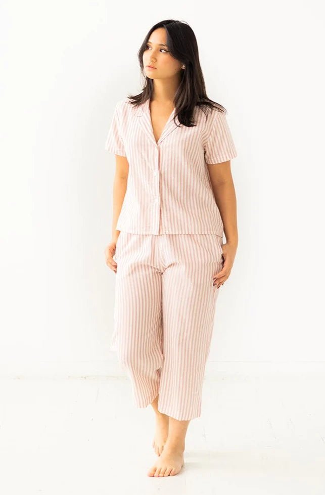 Cropped Button Down-High Waisted Striped Capri Set - EVAMAIA
