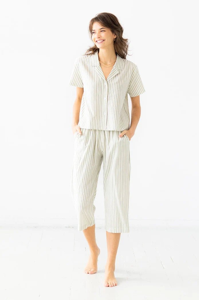 Cropped Button Down-High Waisted Striped Capri Set - EVAMAIA