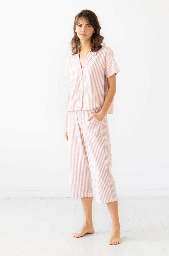 Cropped Button Down-High Waisted Striped Capri Set - EVAMAIA