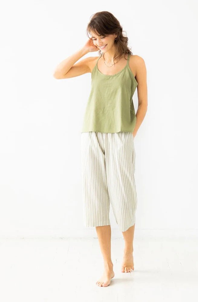 Cropped Button Down-High Waisted Striped Capri Set - EVAMAIA