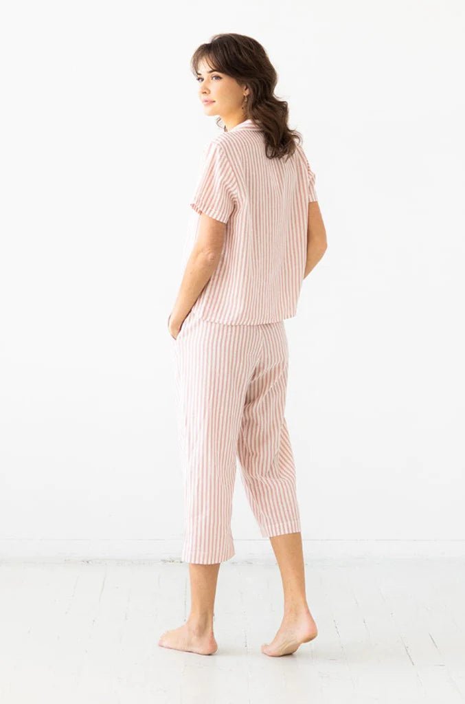 Cropped Button Down-High Waisted Striped Capri Set - EVAMAIA