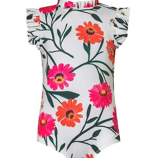 Girls' Alisson One Piece on a plain white background. This swimsuit features sleeve and neck ruffles with a back zipper. It has an adorable flower print with pollen and bee details over a white colored swimsuit.