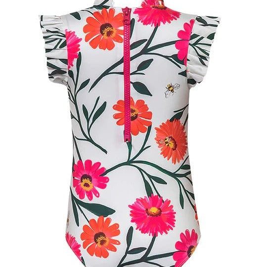 The back of the Girls' Alisson One Piece on a plain white background. You can see the sleeve and neck ruffles along with the back zipper. 