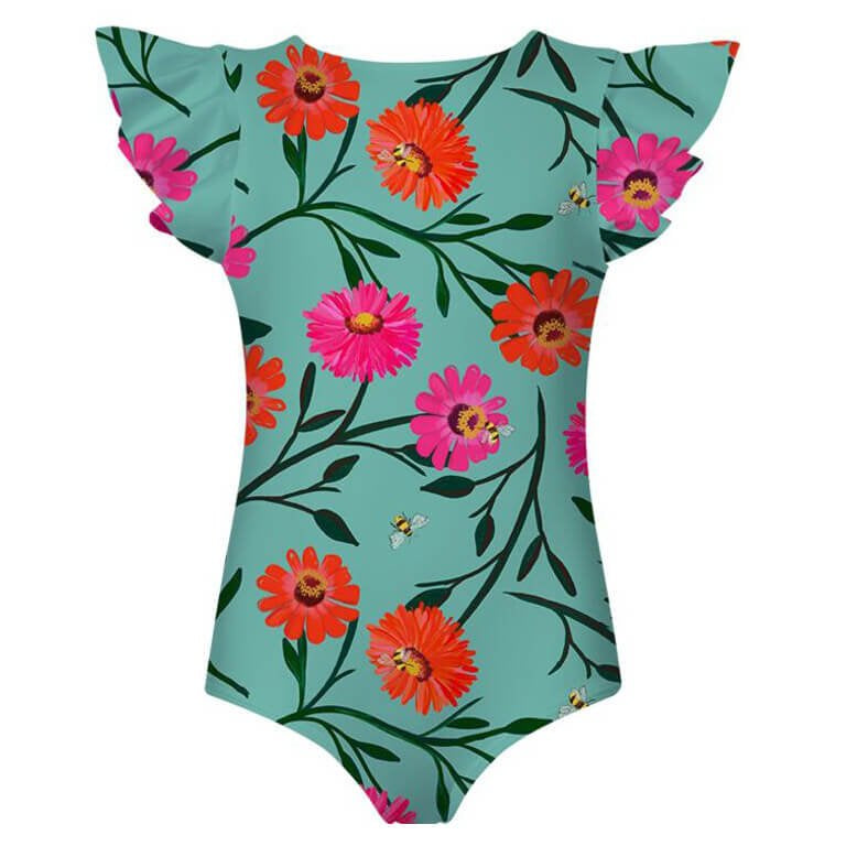 The front of a turquoise swimsuit with a colorful flower and bee pattern for girls. This swimsuit has ruffle sleeve and is true to size.