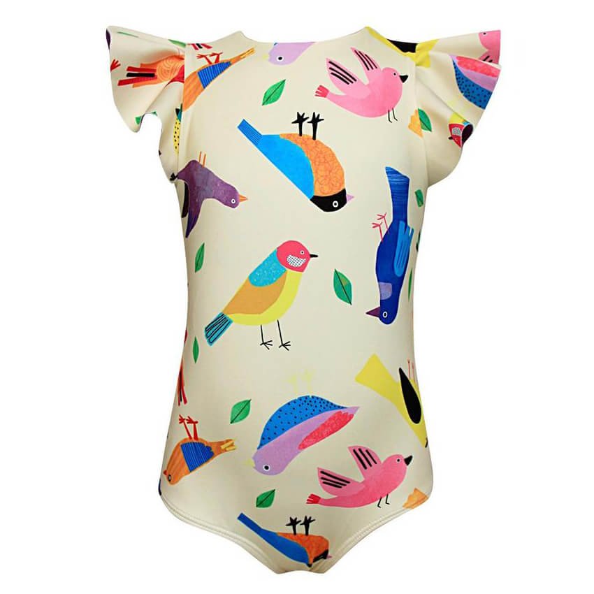 The front of a cream swimsuit with a colorful bird pattern for girls. This swimsuit has ruffle sleeve and is true to size.