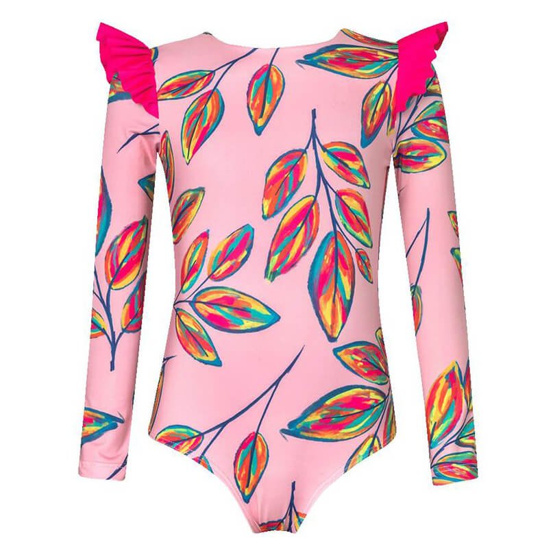 Pink one piece swimsuit for girls. It has a colorful leaf pattern all over. It has a cute ruffle "wing" on the shoulder. It is a longsleeve swimsuit shown over a white background. 