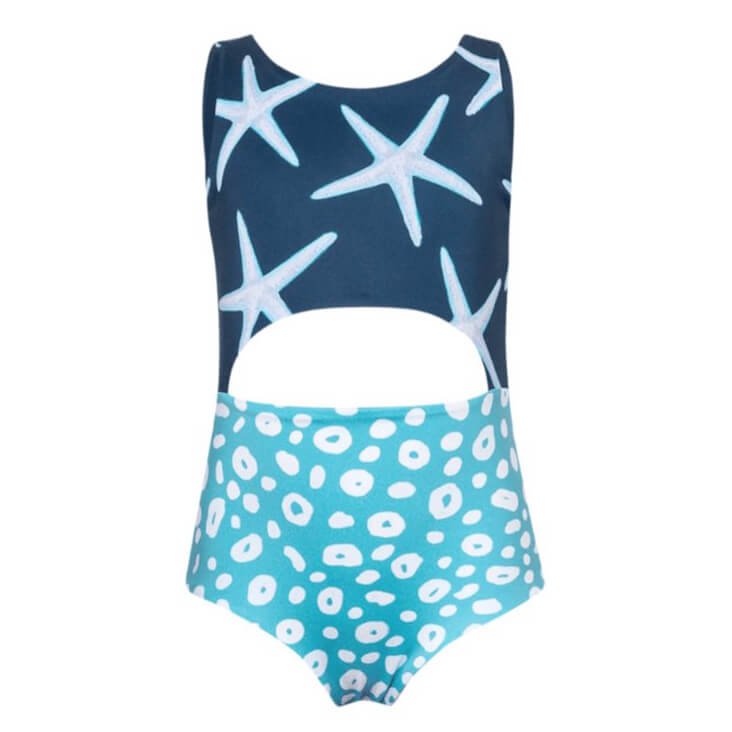 Blue and aqua one piece swimsuit for girls. It has a cutout in the center. The top portion has an adorable seastar pattern. The bottom has a white cheetah print. The swimsuit is shown over a white background. 