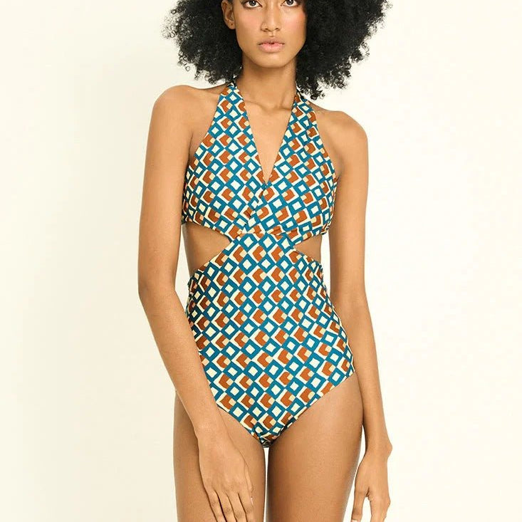 Halter One Piece Swimsuit with Cutouts on Sides - EVAMAIA