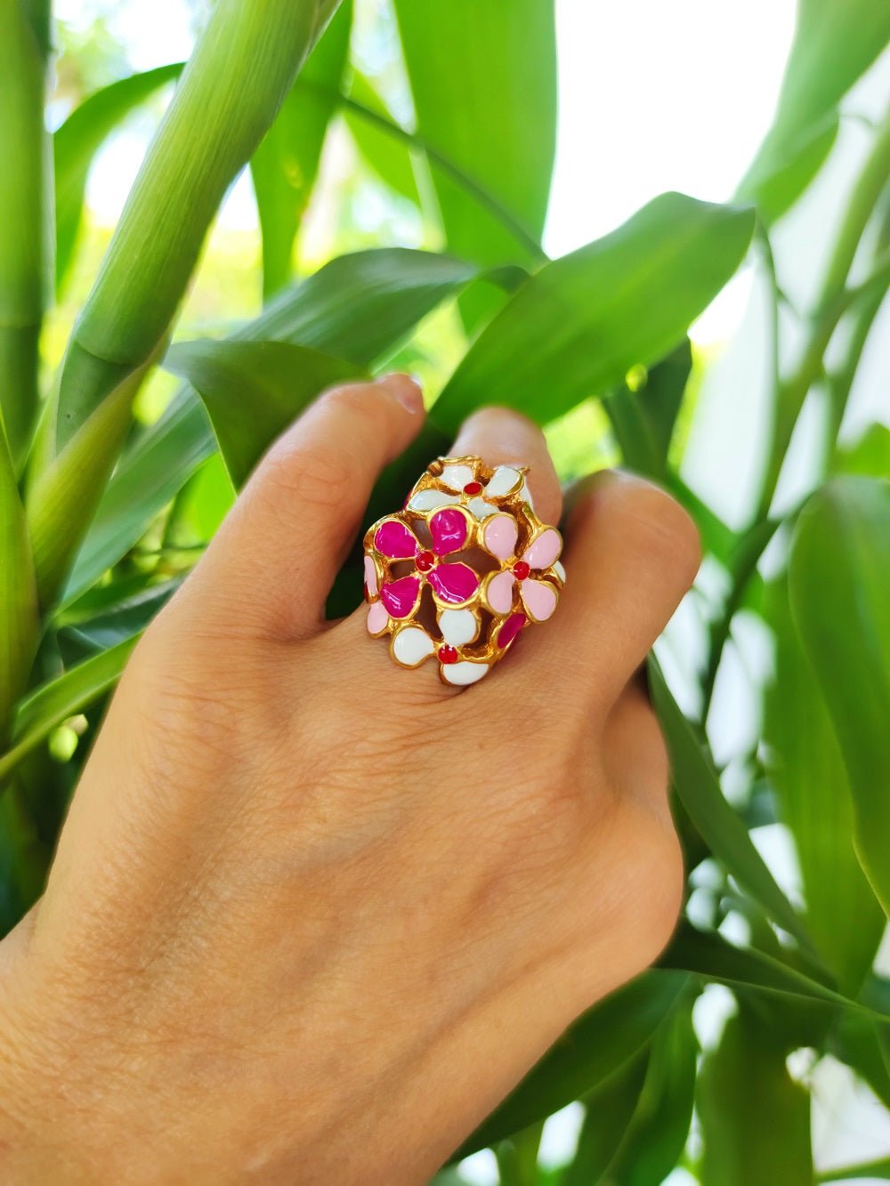 Woman modeling Hydrangea Ring
