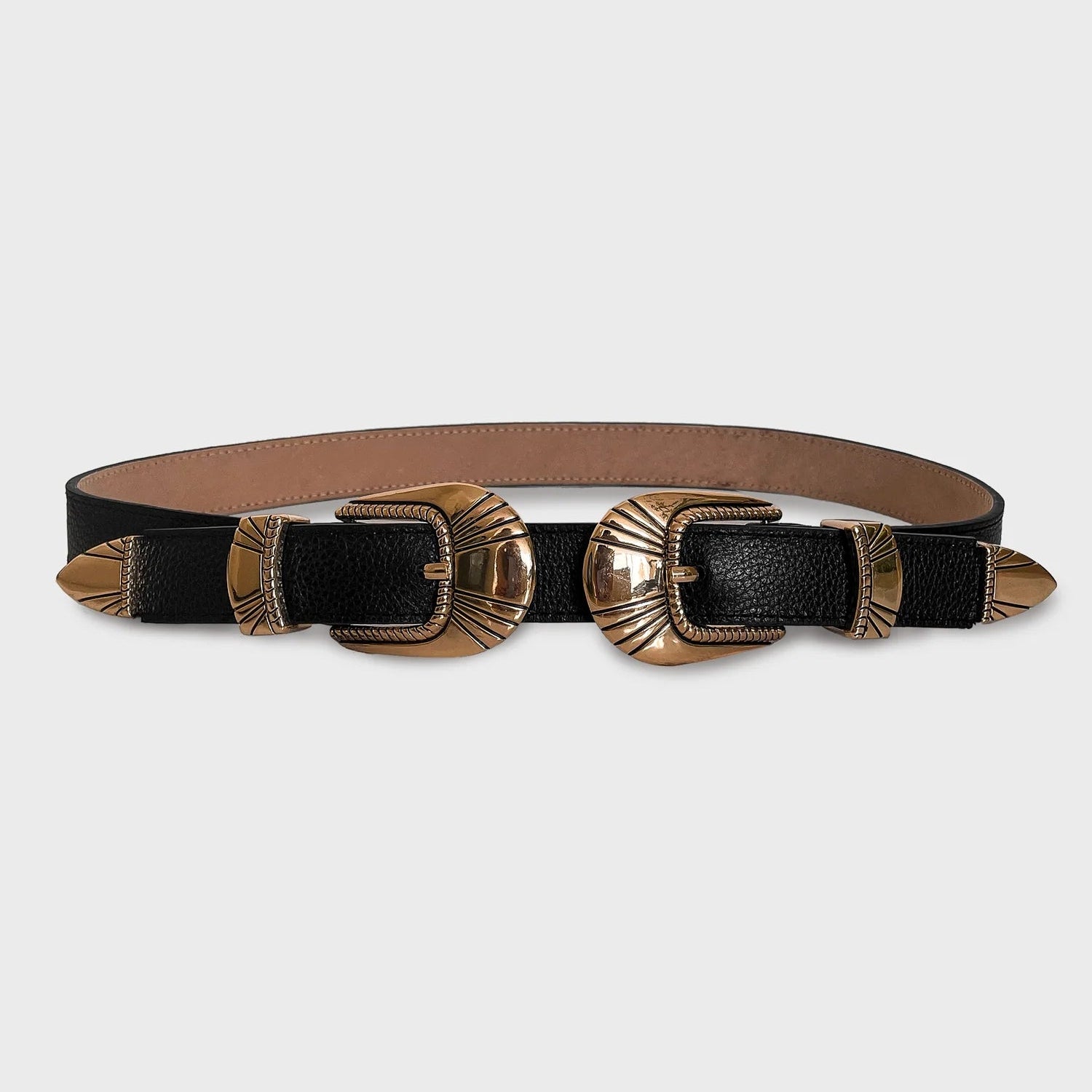 Insignia Belt by Plissé. This belt features two buckles with a Western detail. Made of 100% Leather. Belt is shown on a plain white background.