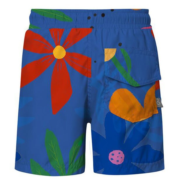 Back of Blue swim shorts for boys with a black drawstring and hand drawn flower pattern. The shorts are over a white background. These shorts have a back pocket.