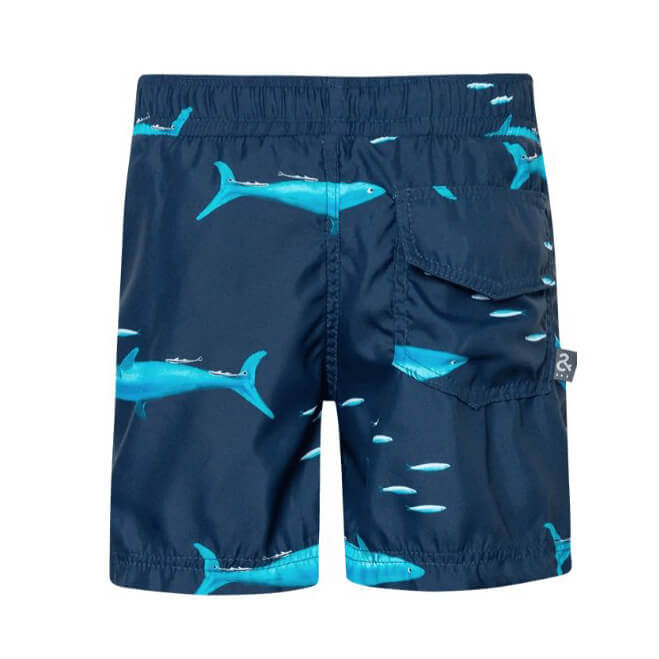 Back of Blue boys swim shorts with a black drawstring and cute remora fish design. The shorts are displayed over a white background. They have a back pocket. 