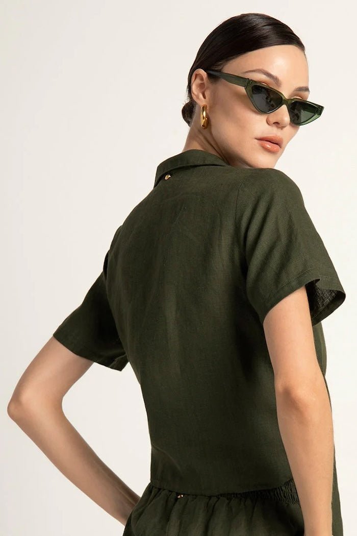 Linen Button Down Short Sleeve Shirt with Tie Detail - EVAMAIA