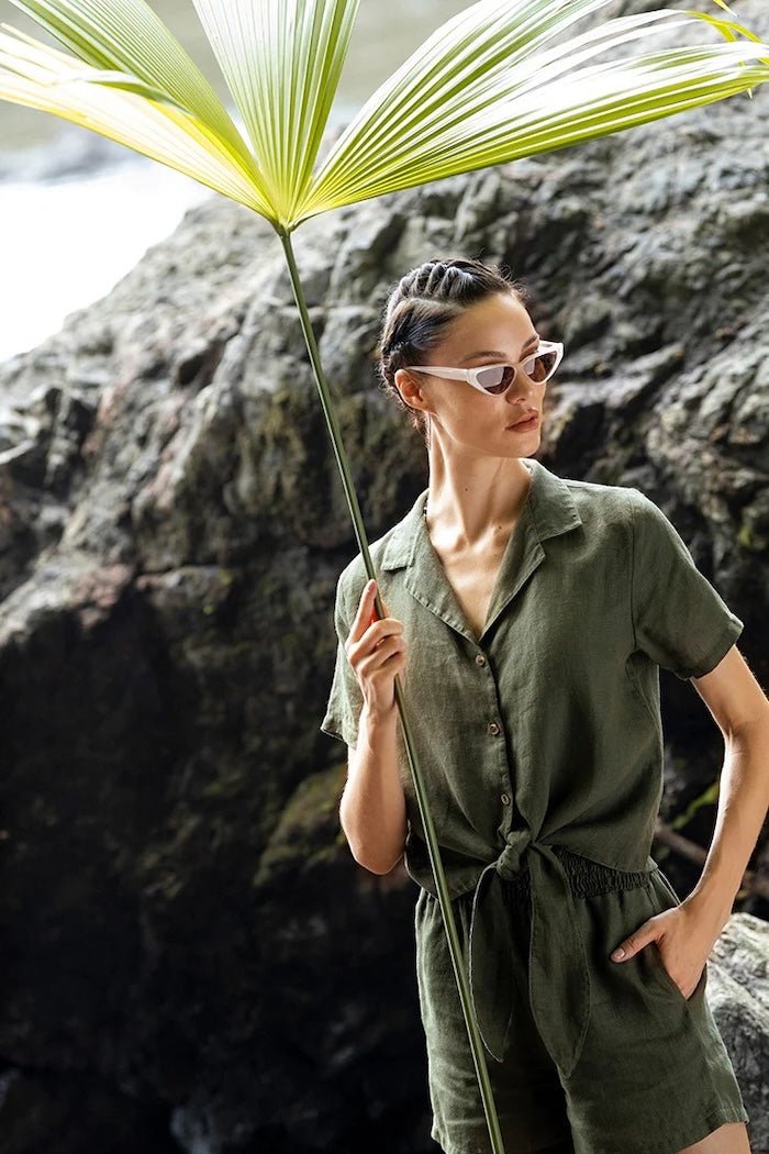 Linen Button Down Short Sleeve Shirt with Tie Detail - EVAMAIA