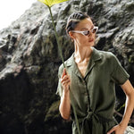 Linen Button Down Short Sleeve Shirt with Tie Detail - EVAMAIA