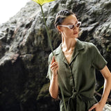 Linen Button Down Short Sleeve Shirt with Tie Detail - EVAMAIA