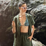 Linen Button Down Short Sleeve Shirt with Tie Detail - EVAMAIA