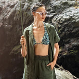 Linen Button Down Short Sleeve Shirt with Tie Detail - EVAMAIA