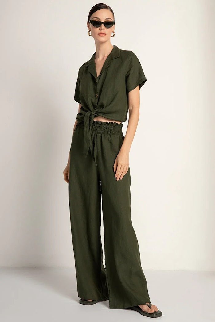 Linen Button Down Short Sleeve Shirt with Tie Detail - EVAMAIA