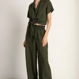 Linen Button Down Short Sleeve Shirt with Tie Detail - EVAMAIA