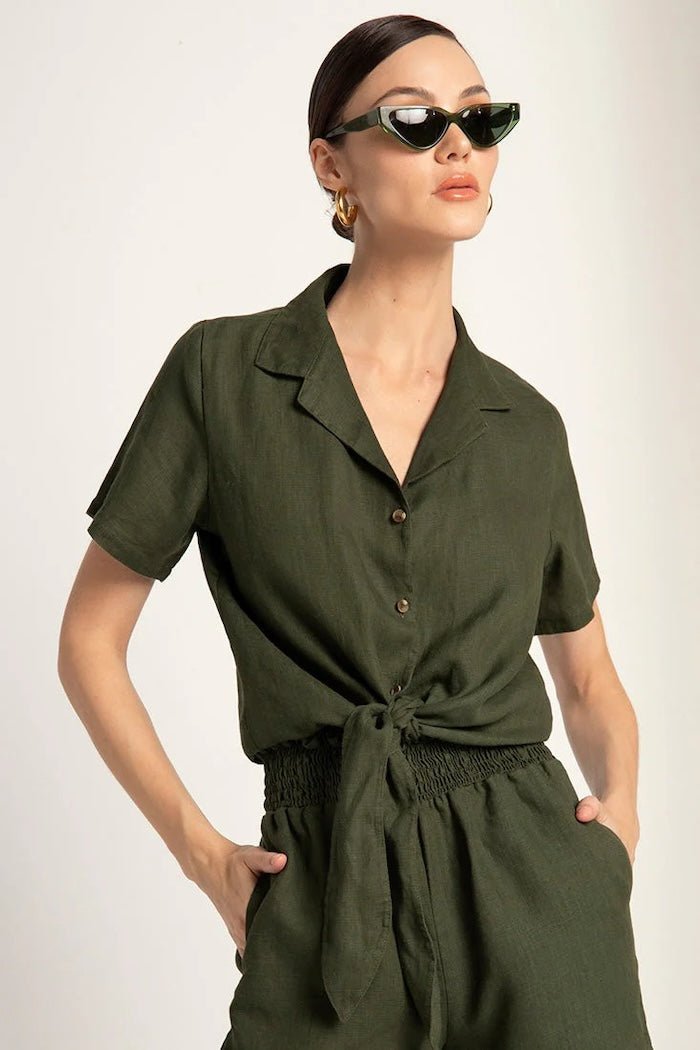 Linen Button Down Short Sleeve Shirt with Tie Detail - EVAMAIA