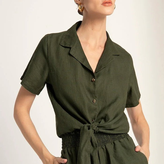 Linen Button Down Short Sleeve Shirt with Tie Detail - EVAMAIA