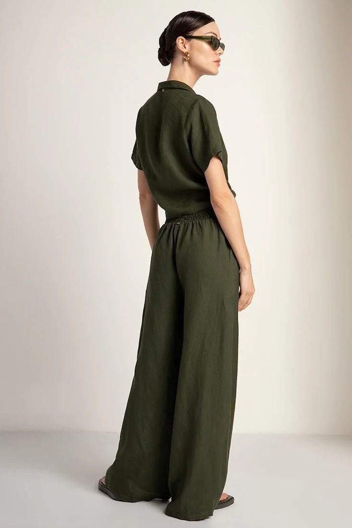 Linen Button Down Short Sleeve Shirt with Tie Detail - EVAMAIA