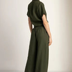 Linen Button Down Short Sleeve Shirt with Tie Detail - EVAMAIA