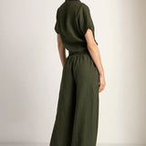 Linen Button Down Short Sleeve Shirt with Tie Detail - EVAMAIA