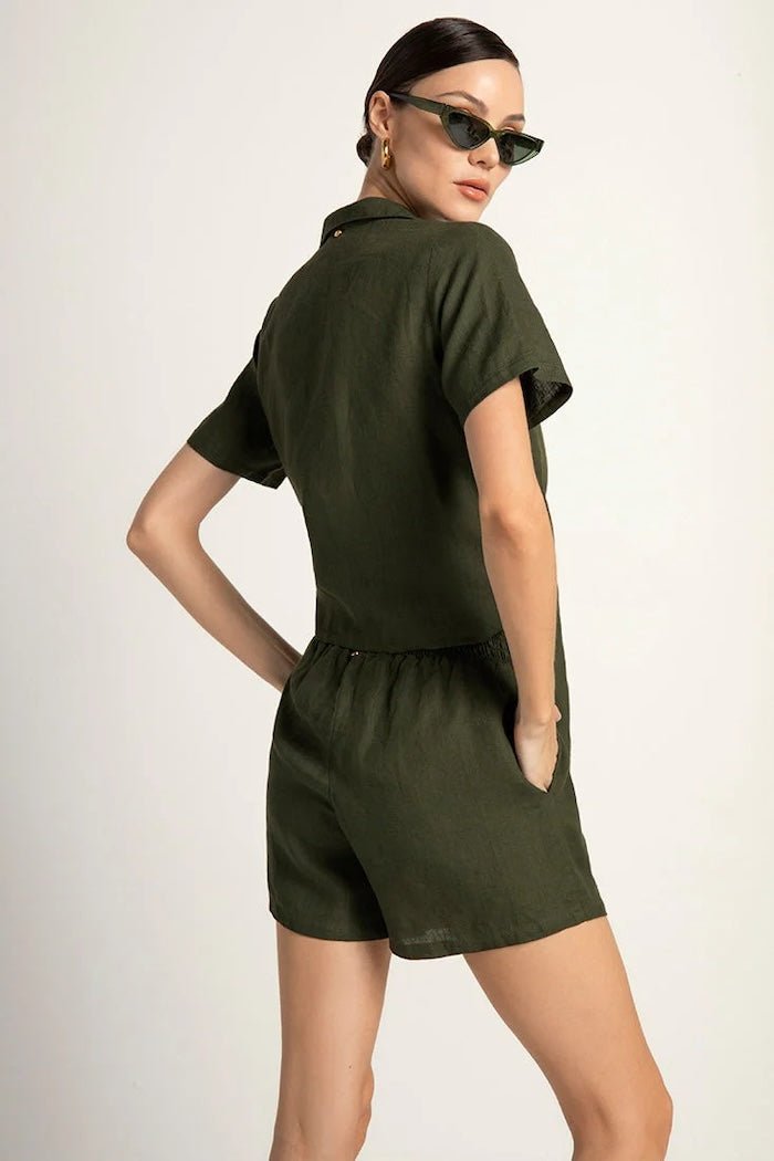 Linen Button Down Short Sleeve Shirt with Tie Detail - EVAMAIA