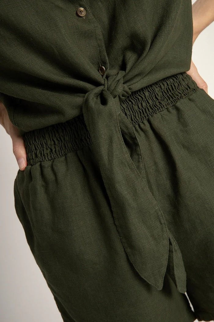 Linen Button Down Short Sleeve Shirt with Tie Detail - EVAMAIA