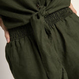 Linen Button Down Short Sleeve Shirt with Tie Detail - EVAMAIA