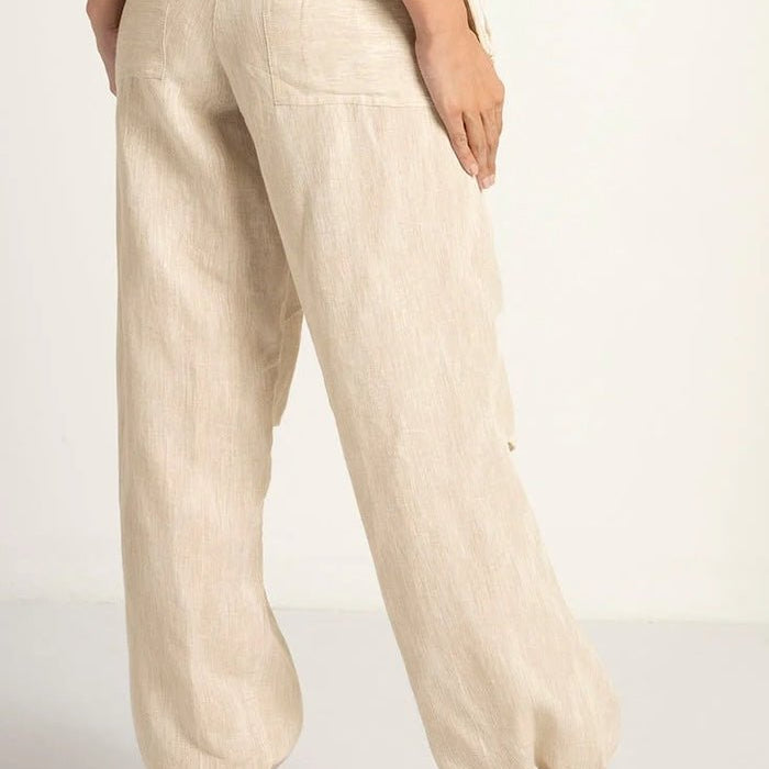 Linen Jacquard Pants with Pleated Detail and Adjustable Straps - EVAMAIA