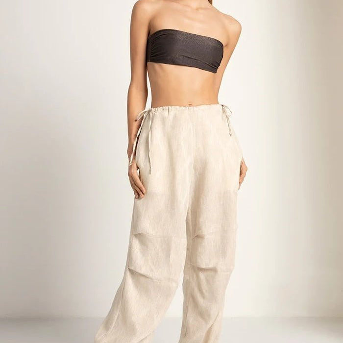 Linen Jacquard Pants with Pleated Detail and Adjustable Straps - EVAMAIA