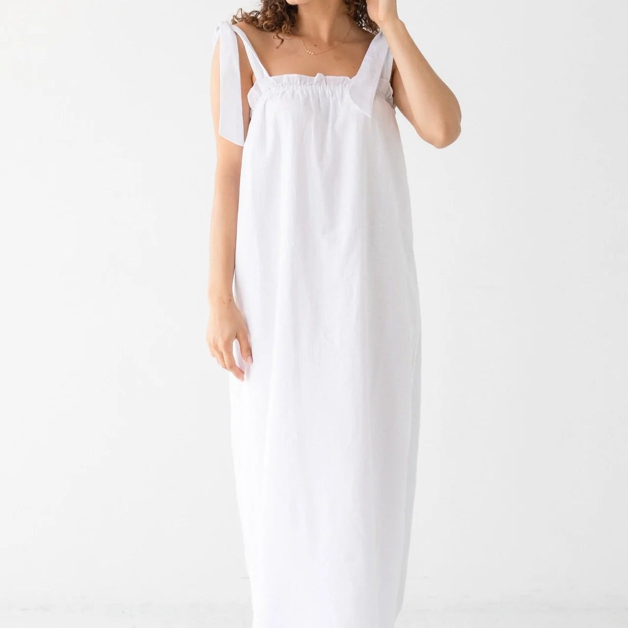 white Lino Maxi Dress with Shoulder Ties by Salua