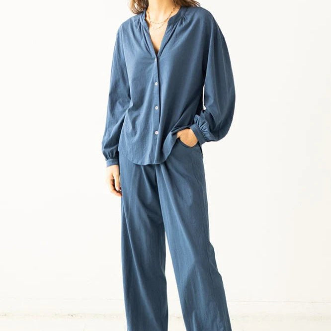 Mandarin Collar Soft Pima Cotton Pajamas in Sailor Blue - EVAMAIA