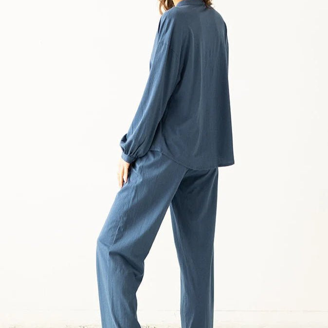Mandarin Collar Soft Pima Cotton Pajamas in Sailor Blue - EVAMAIA