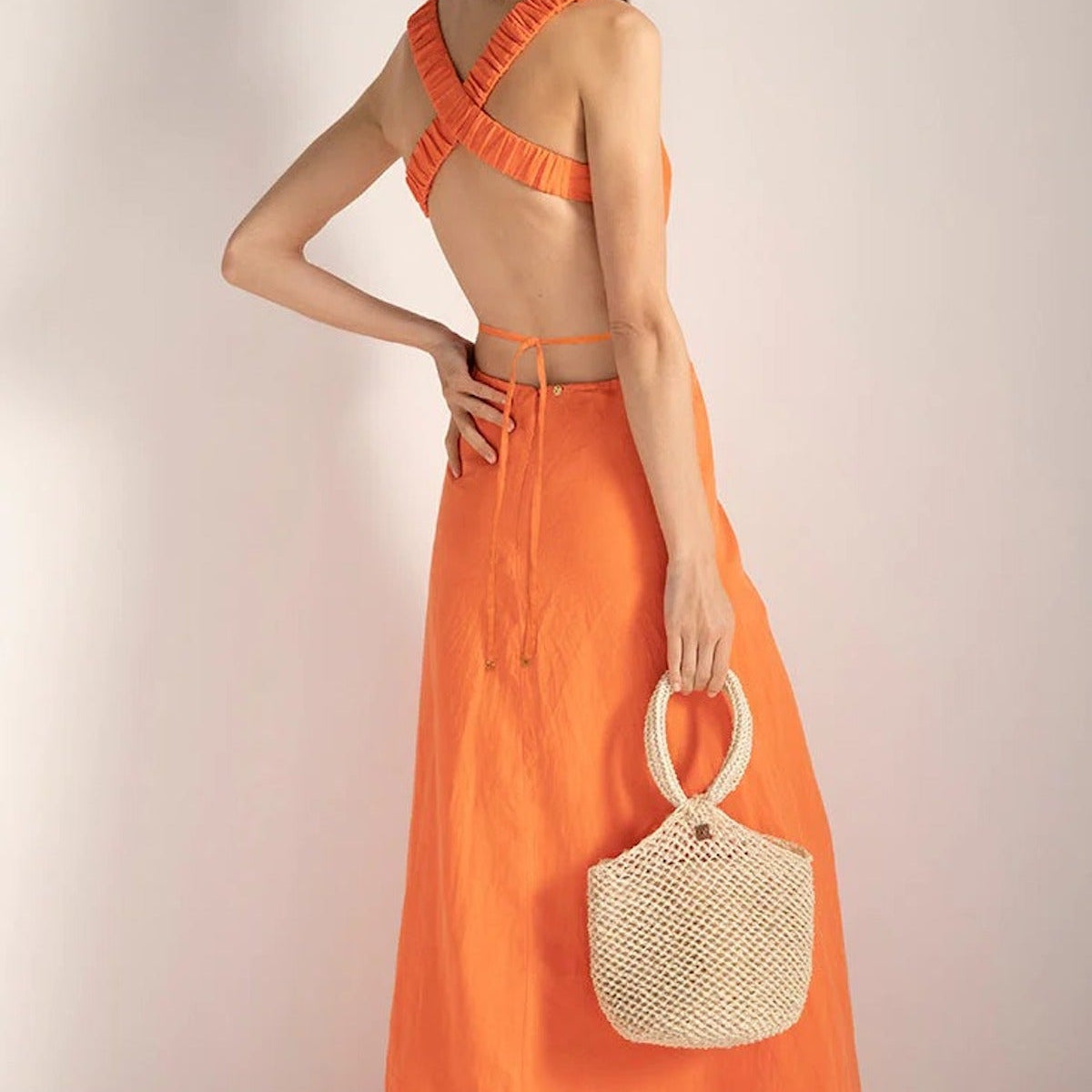 Orange Cut Out Dress with Back Strap Detail - EVAMAIA