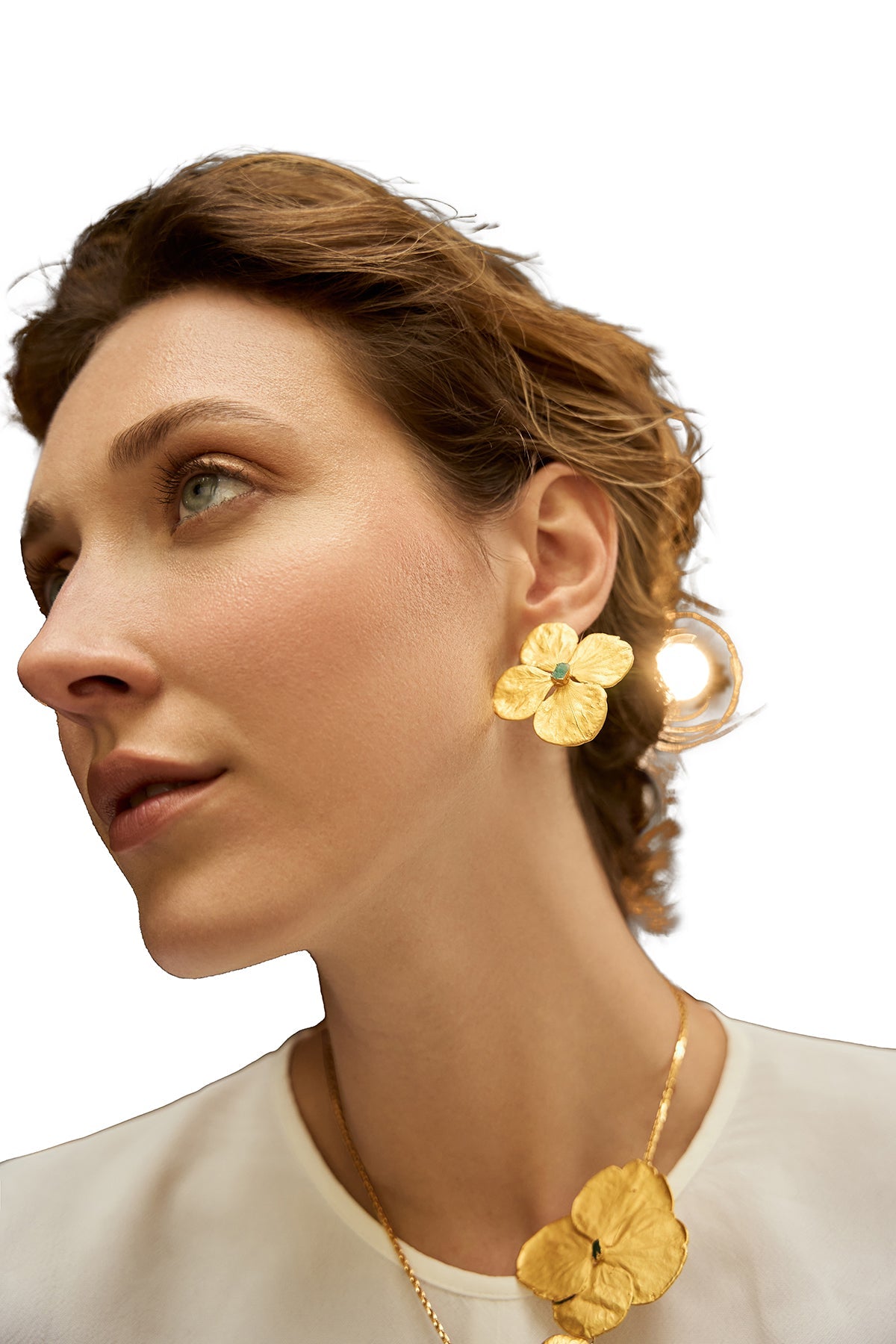 Oversized Hydrangea Stud Earrings with Raw Emeralds - EVAMAIA