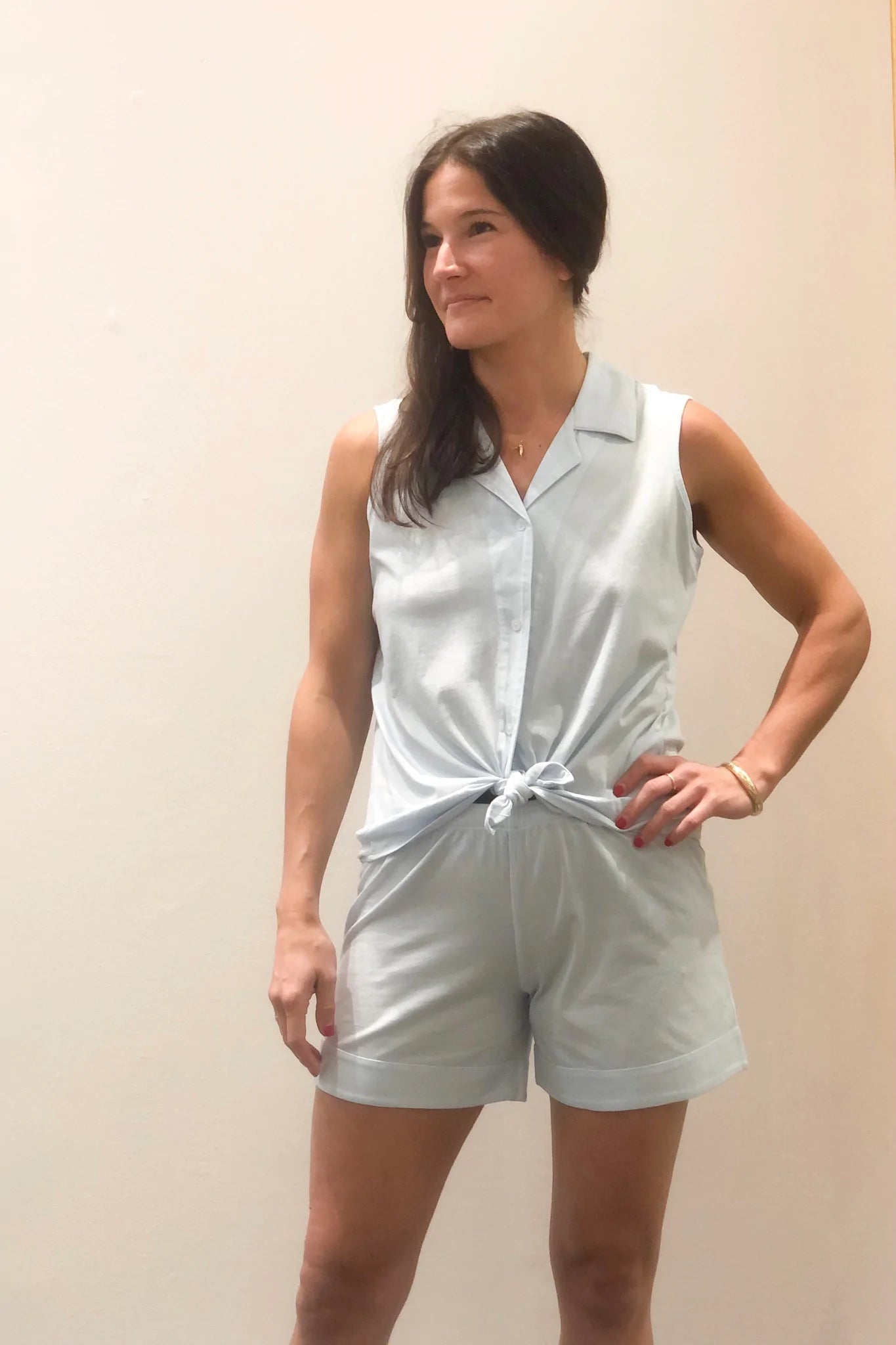 Pima Cotton Notch Collar Sleeveless Pajamas - EVAMAIA