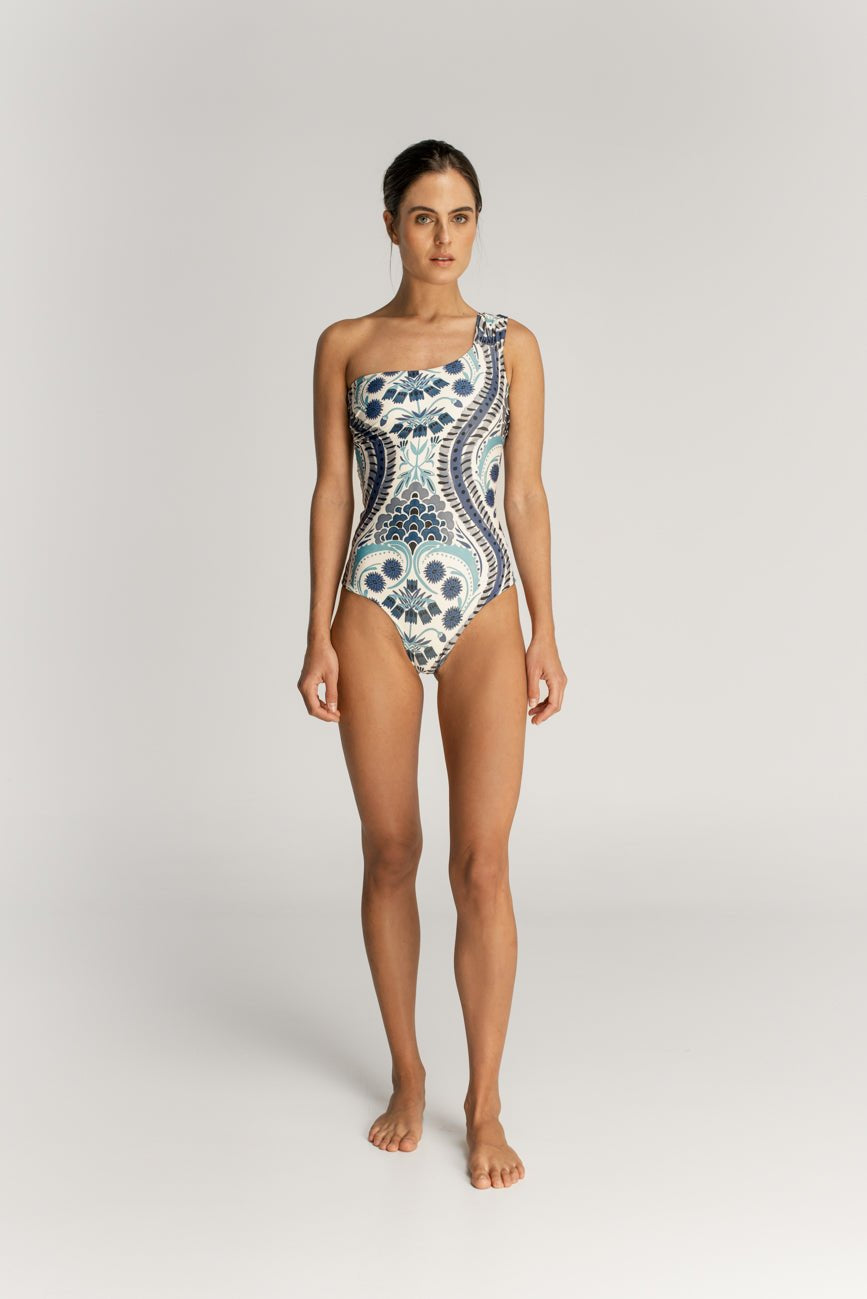 Rania Blue Tumaco One Shoulder One Piece Swimsuit - EVAMAIA