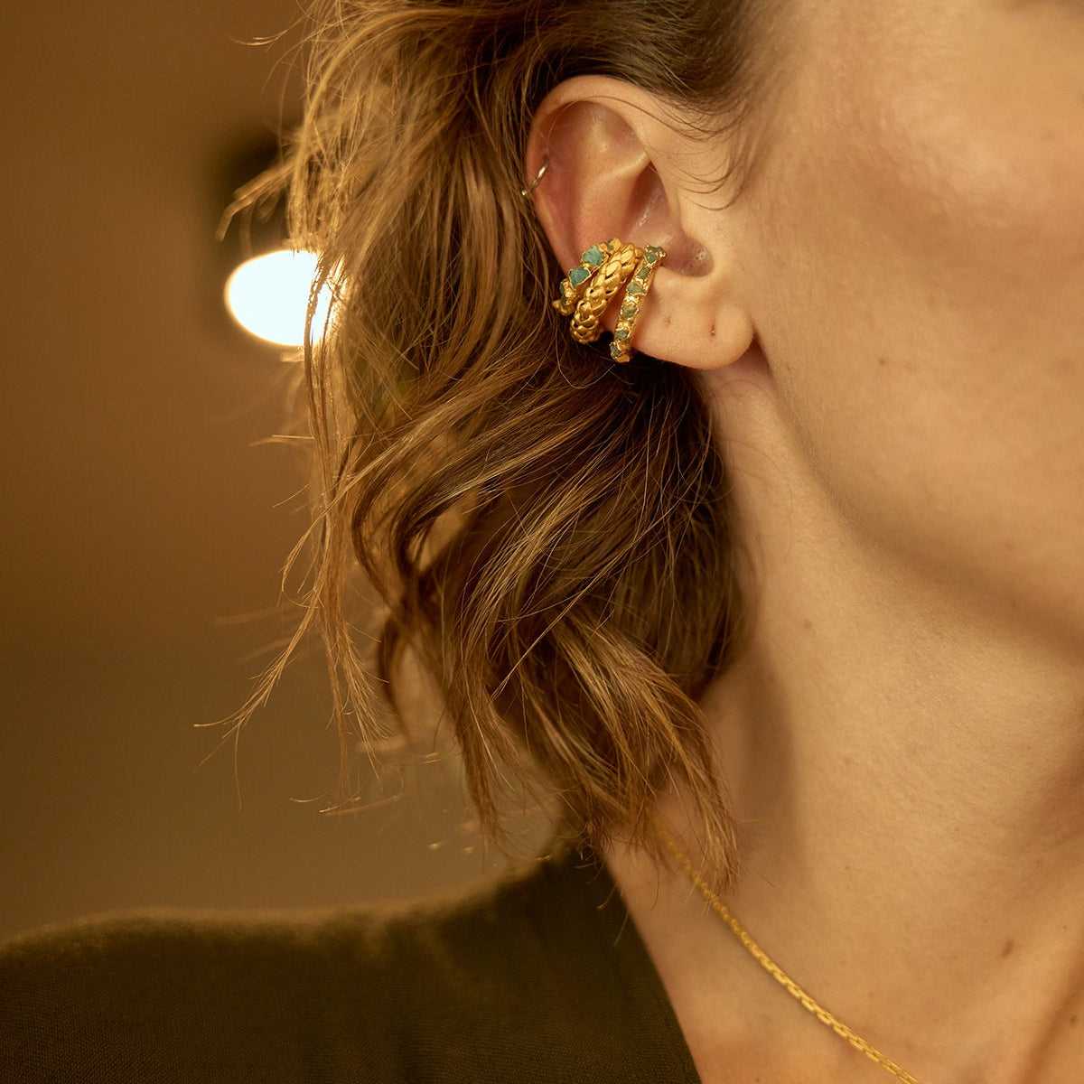 Raw Emerald Ear Cuff and Ring - EVAMAIA